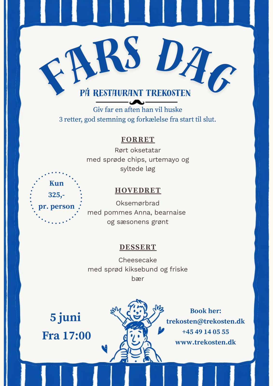 Fars Dag flyer – 3-retters menu hos Restaurant Trekosten