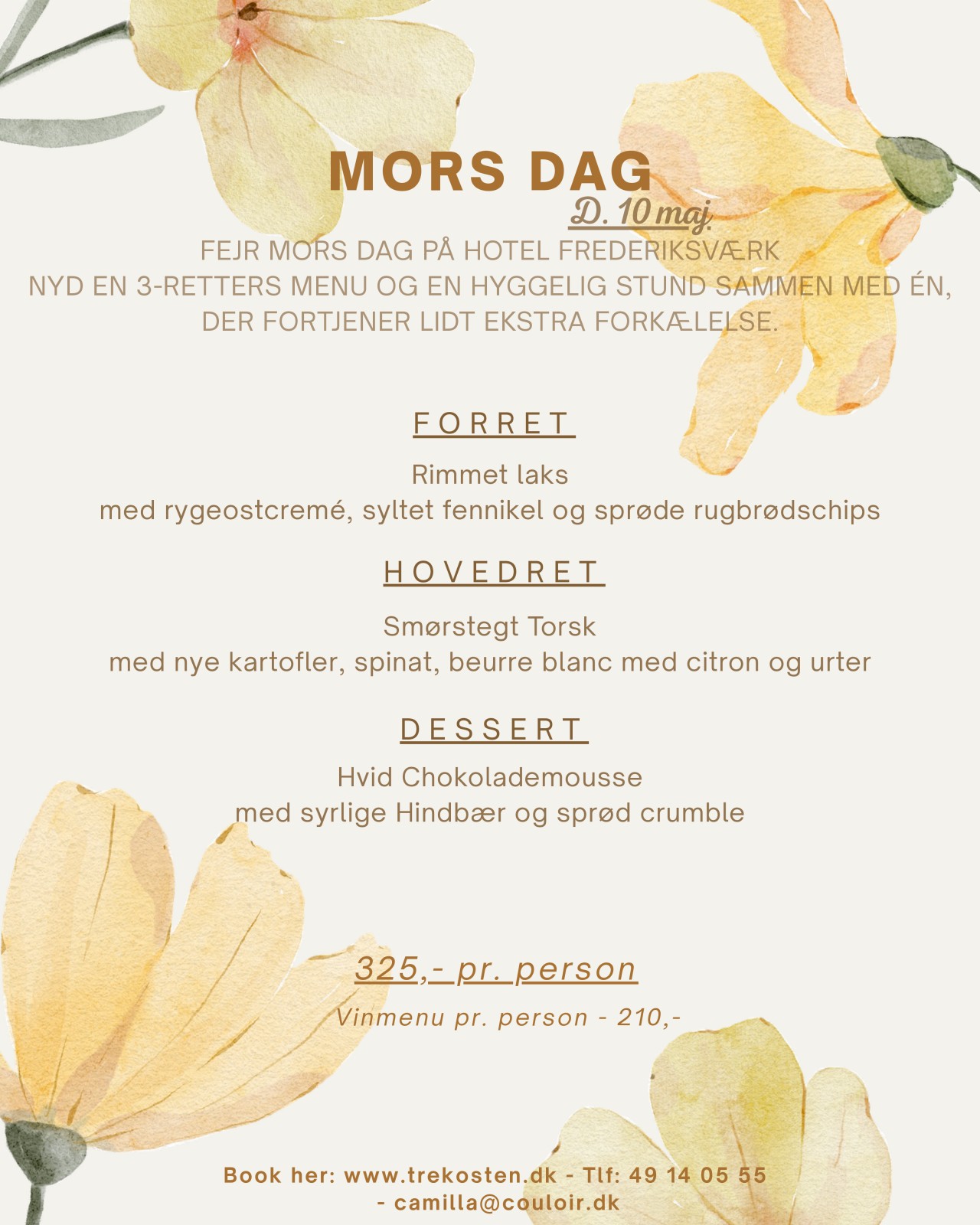 Mors Dag flyer – 3-retters menu hos Restaurant Trekosten