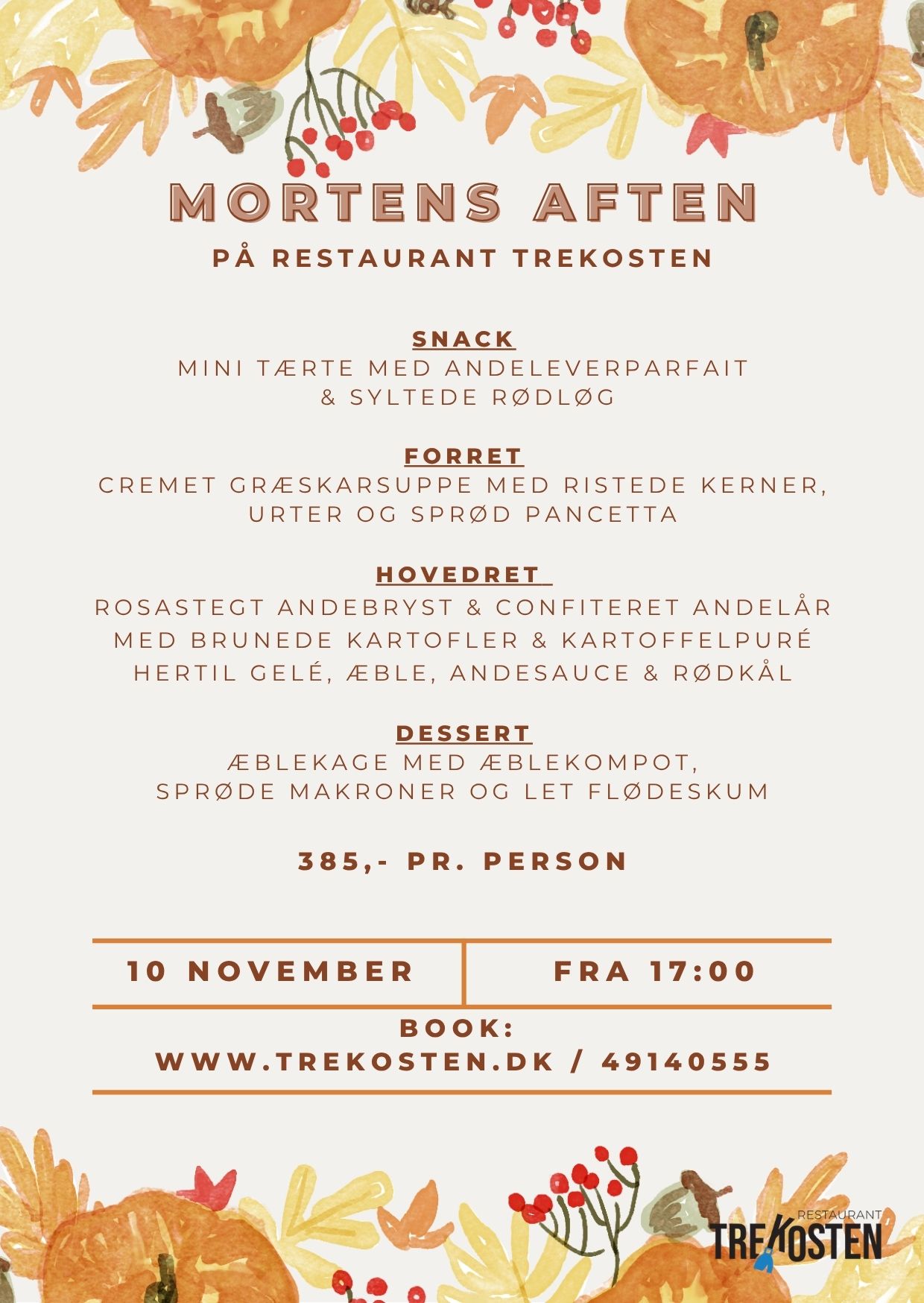 Mortens aften flyer – andemenu hos Restaurant Trekosten