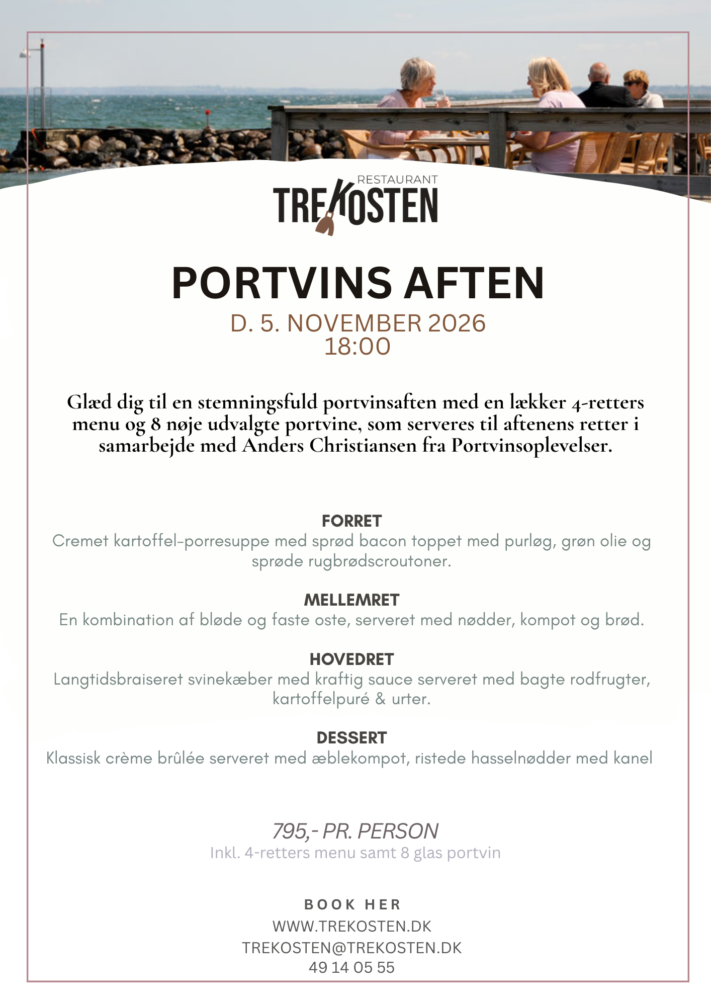 Portvins Aften flyer – 4-retters menu og 8 glas portvin hos Restaurant Trekosten